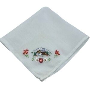 Vintage Handkerchief Handie Embroidered House and Floral Scene 9.5in x 9.5in